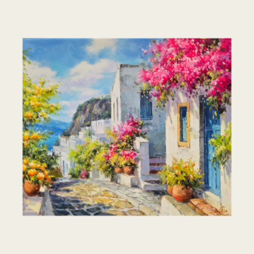 Sunlit Mediterranean Street with Bougainvillea