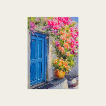 Blue Door and Blossoming Bougainvillea